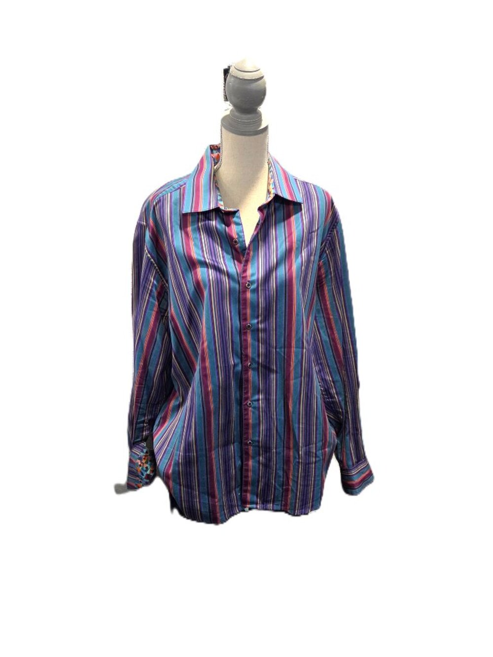 Robert Graham 2XL Green Blue Striped Dress Shirt Flip Cuff Cotton B